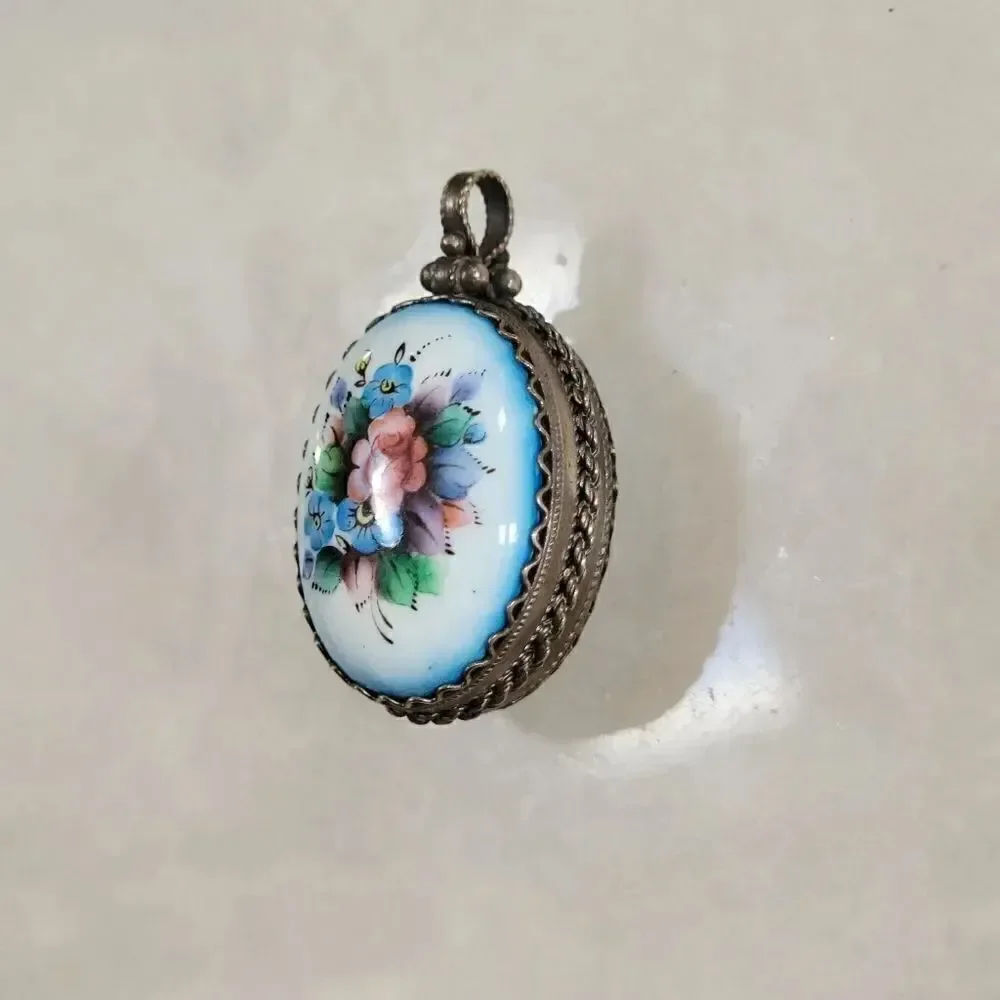 Vintage Russian Finfit Enamel Porcelain Hand Painted Flower Pendant Locket